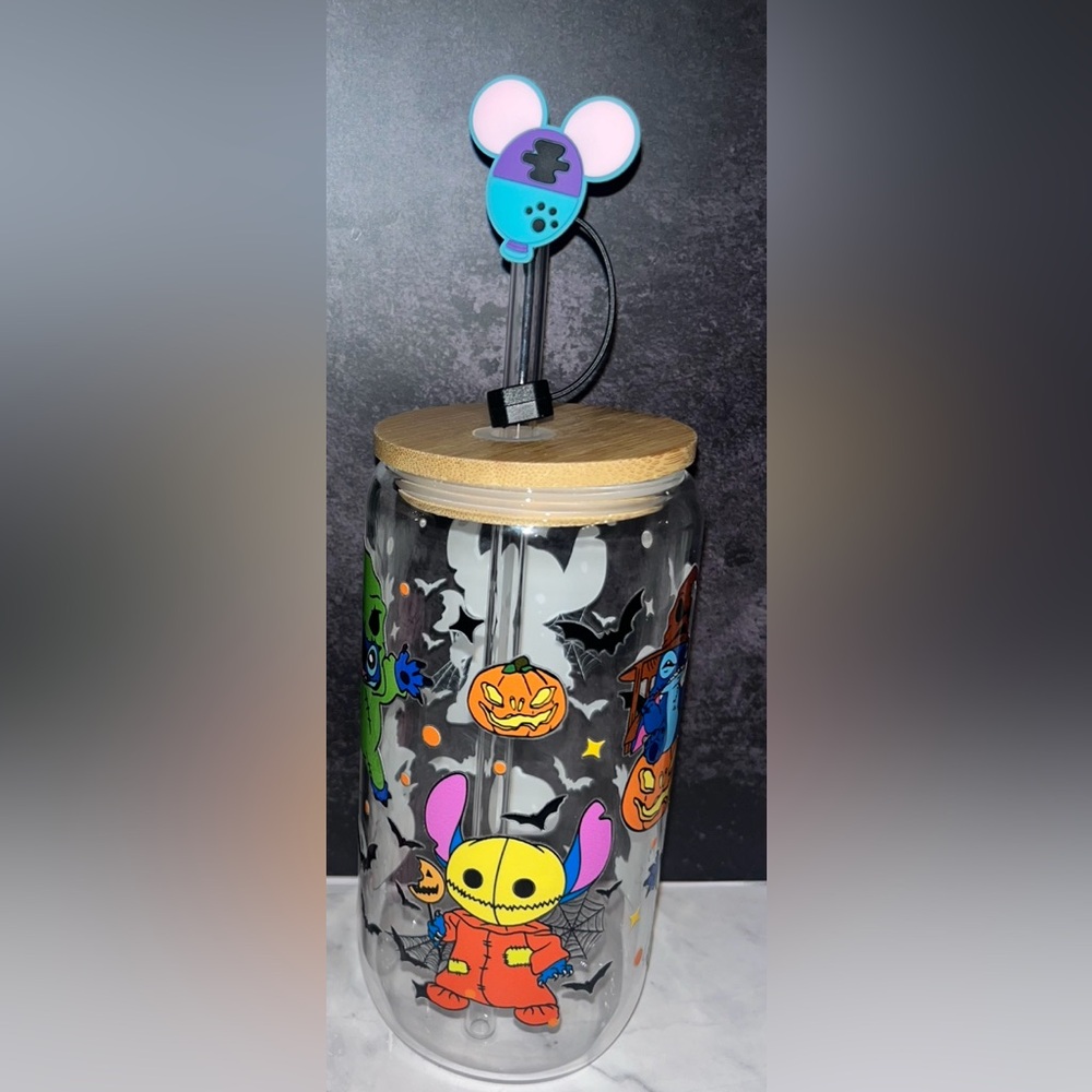 Handmade Glass Libby With Wood Lid And Glass straw Halloween stitch Disney